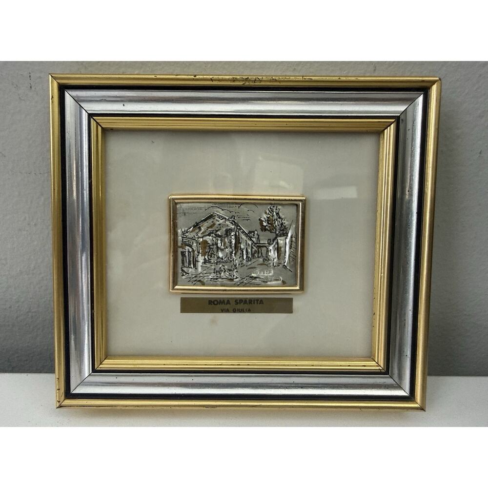 Vintage Roma Sparita Via Giulia Silver 925 Gold Leaf Italian Framed Art